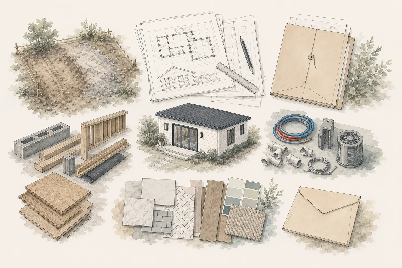 Architectural illustration of grouped ADU project costs, utility components, finish samples and contingency