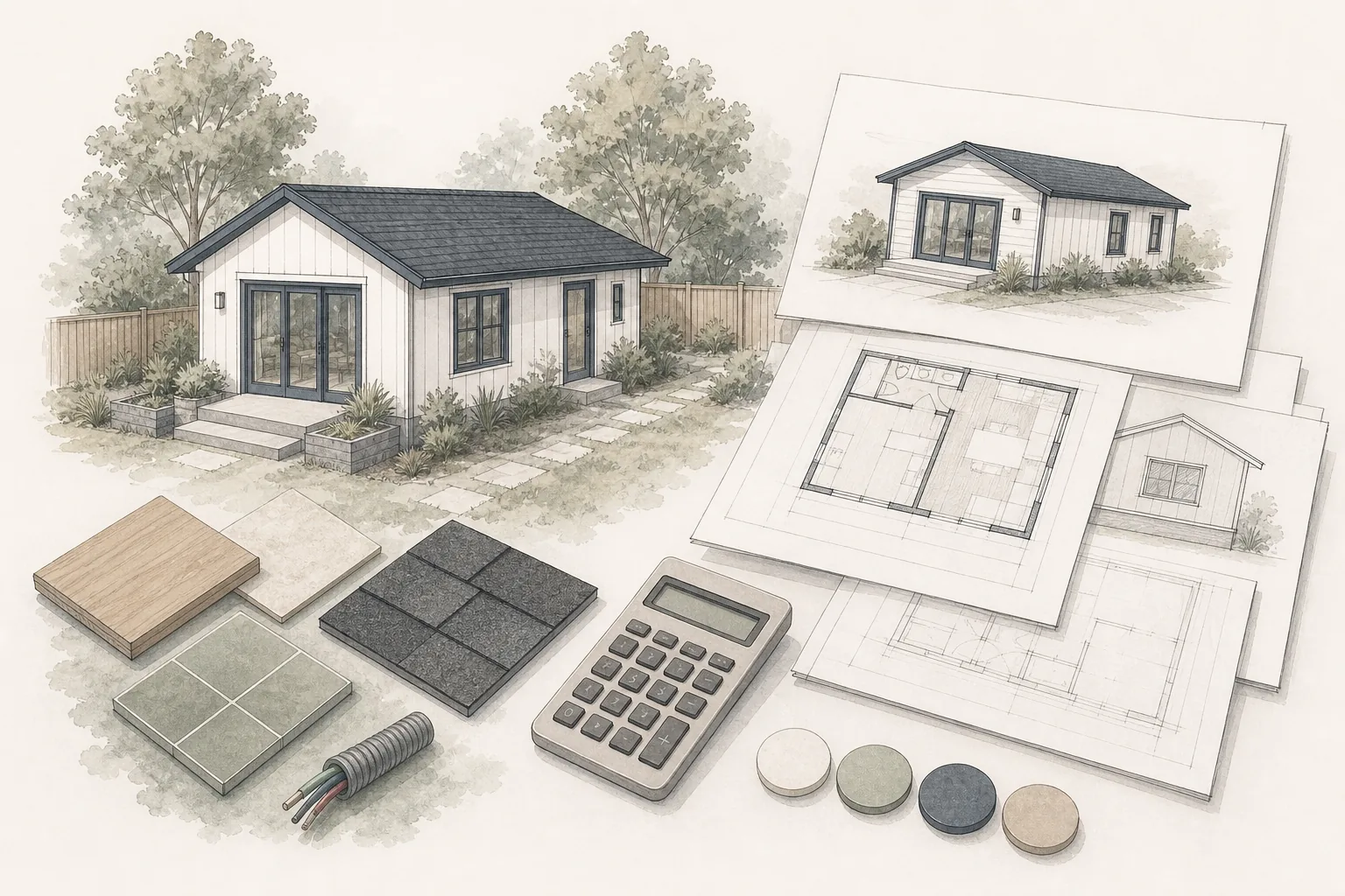 Architectural illustration of an ADU cost study with plans, material samples and a calculator