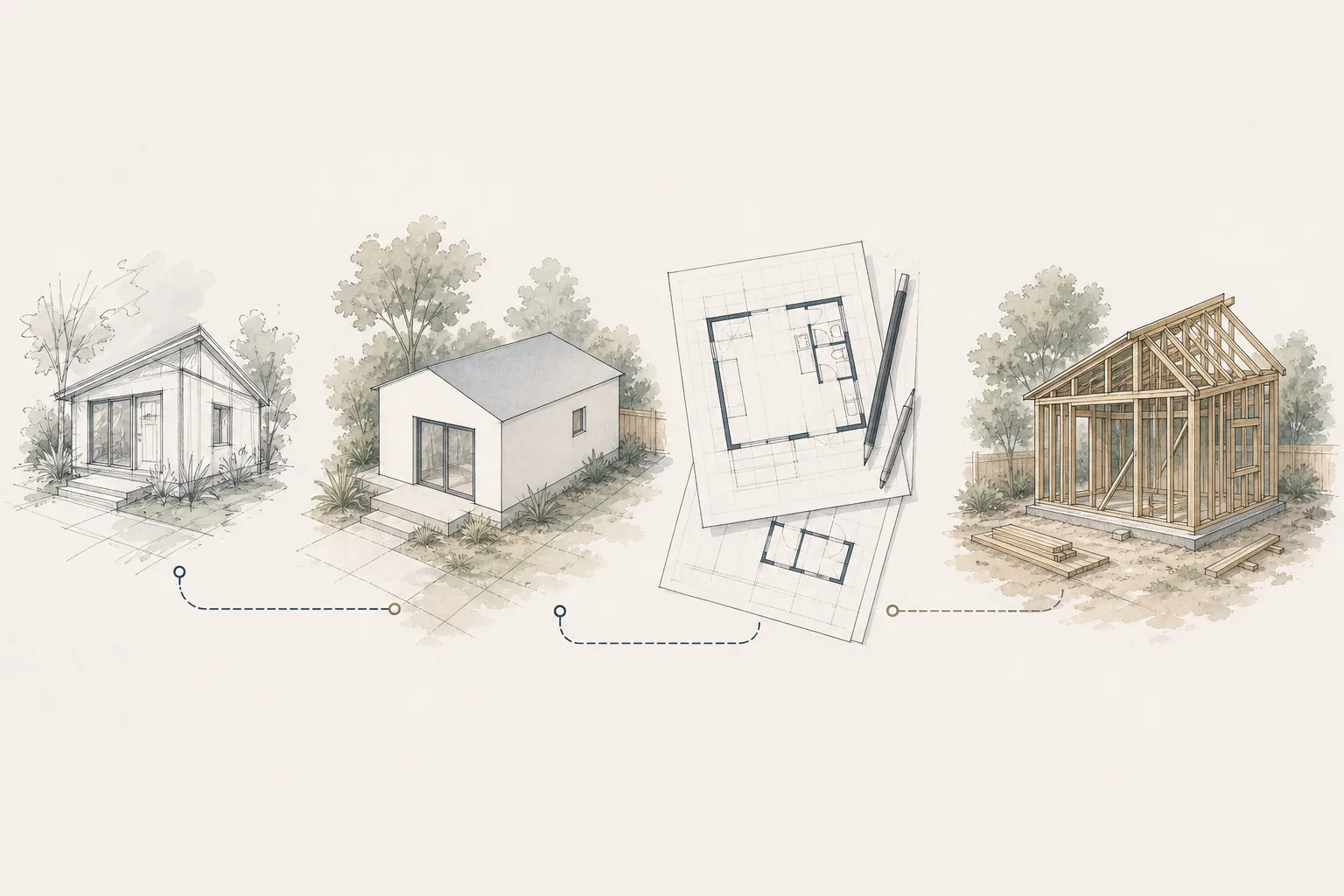 Architectural illustration progressing from an ADU concept sketch through coordinated plans to early framing