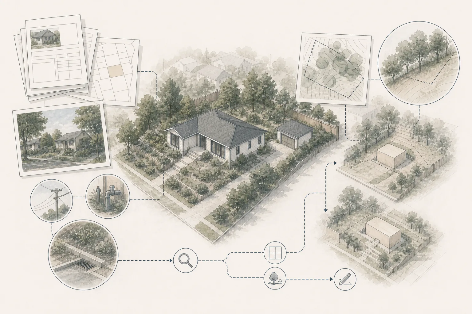 Architectural illustration of preliminary ADU feasibility research, property constraints and possible next steps