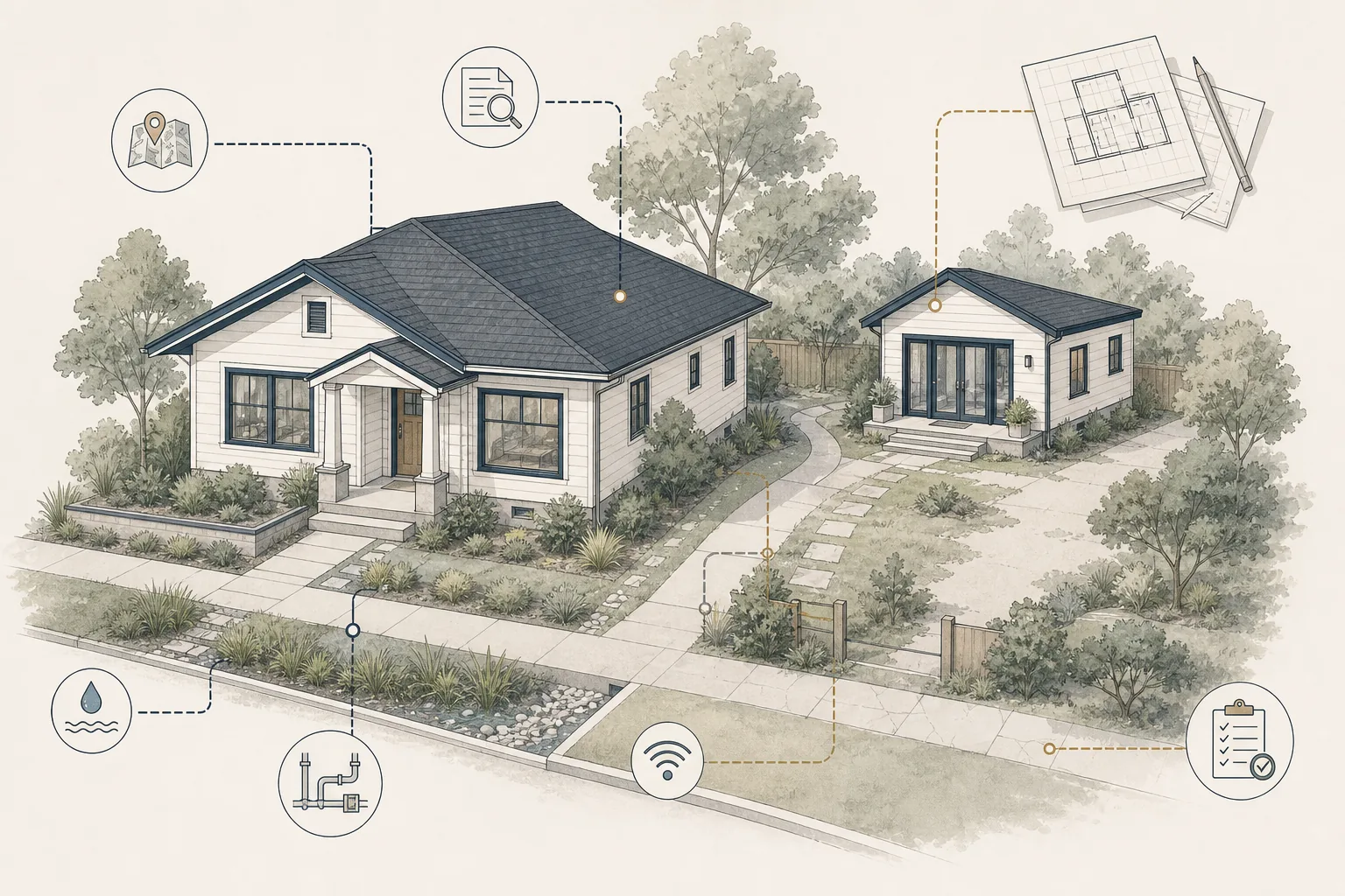 Architectural illustration of a main home and detached accessory dwelling unit connected by a landscaped path with property-planning symbols
