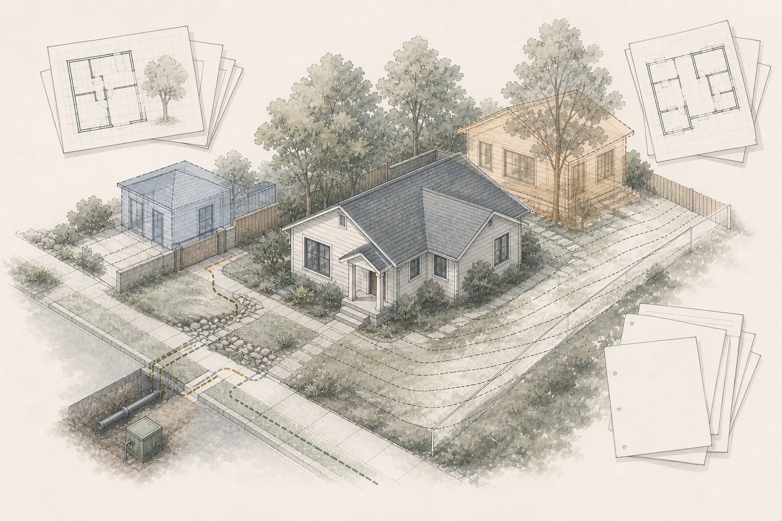 Architectural illustration of conflicting ADU assumptions, site constraints and incomplete planning information