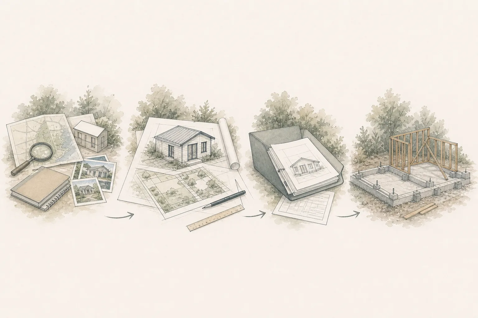 Architectural illustration of sequential ADU research, planning, review and early construction stages