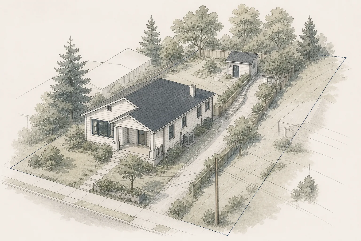 Architectural illustration evaluating lot boundaries, access, utilities, slope and existing structures