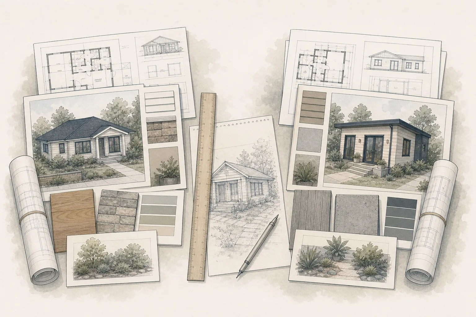 Architectural illustration comparing two ADU professional proposals through plans, scopes and materials