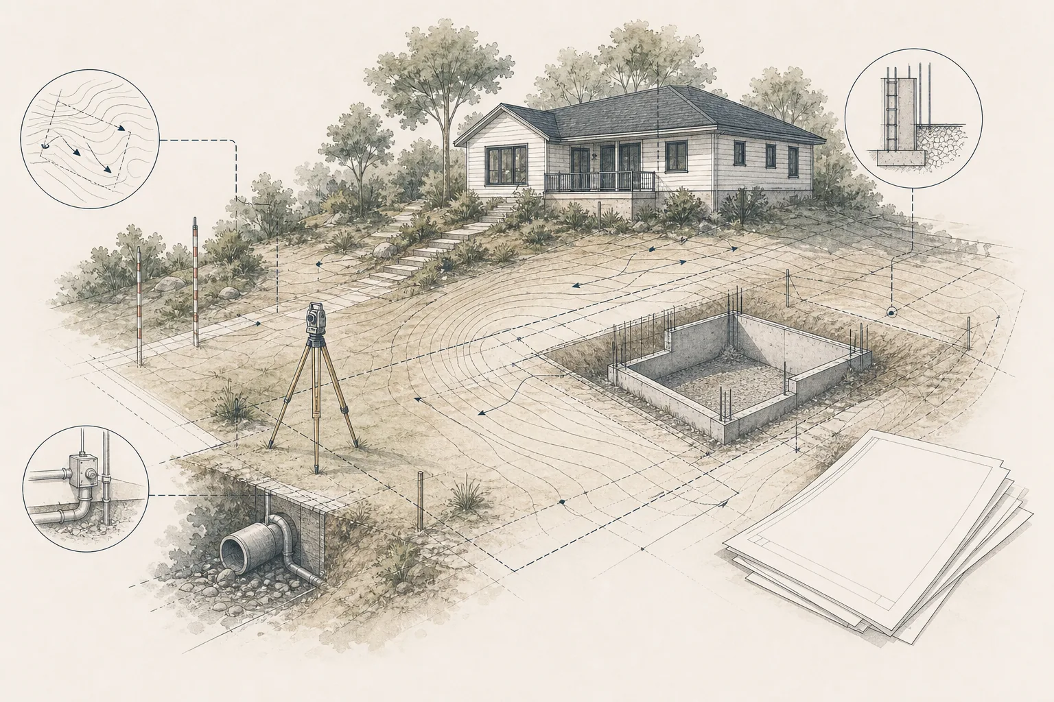 Architectural illustration of site measurements, utilities, drainage and structural engineering details