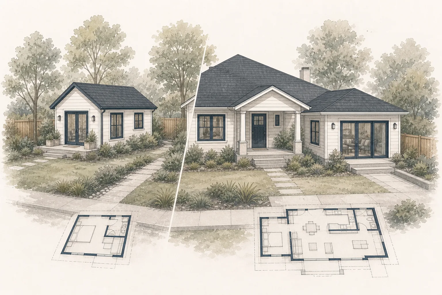 Architectural illustration comparing a detached backyard ADU with an integrated home addition