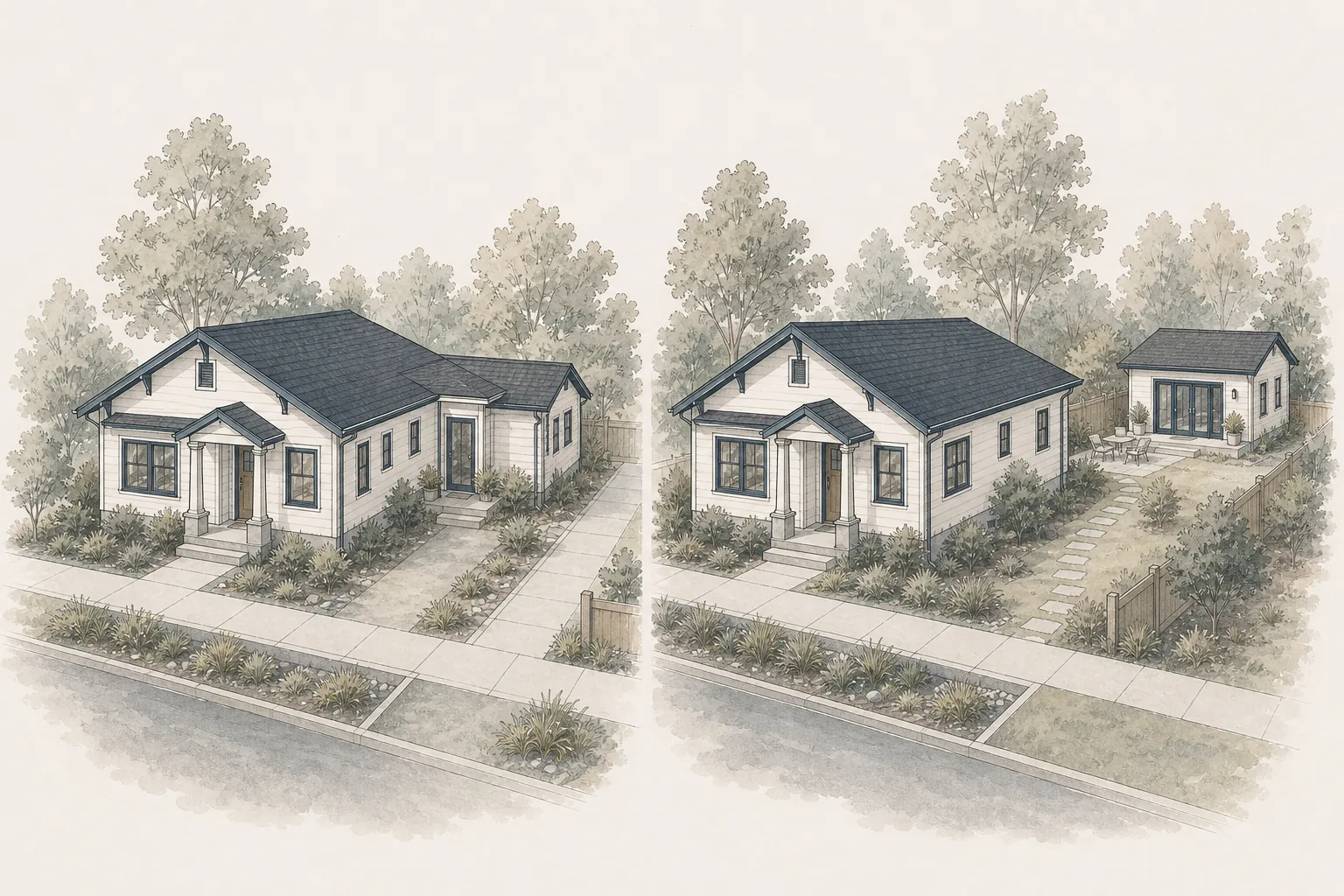 Architectural illustration comparing attached and detached ADU configurations beside a main home