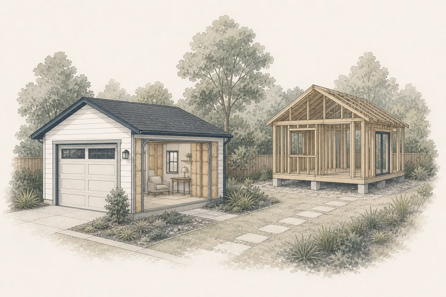 Architectural illustration comparing an exploratory garage conversion with new detached ADU framing