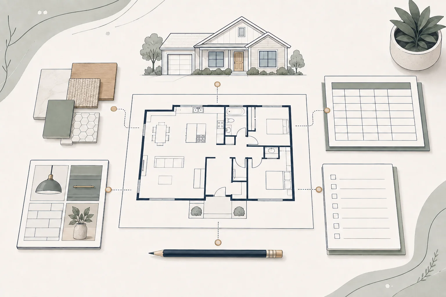 Architectural illustration of a home floor plan connected to material samples, a schedule, and planning notes
