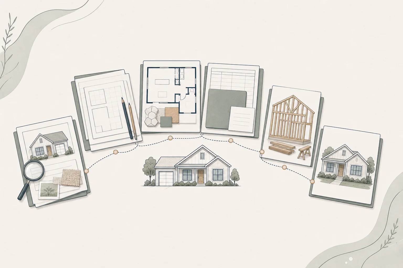 Architectural illustration of six connected renovation phases arranged around a completed home
