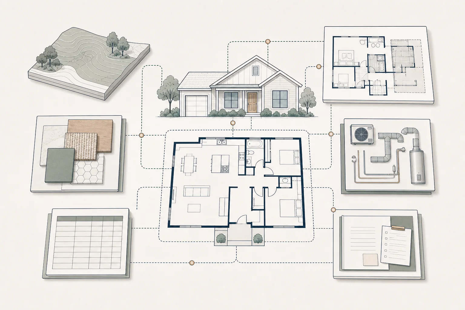 Architectural illustration of a home connected to site, scope, materials, systems, schedule, and planning documents