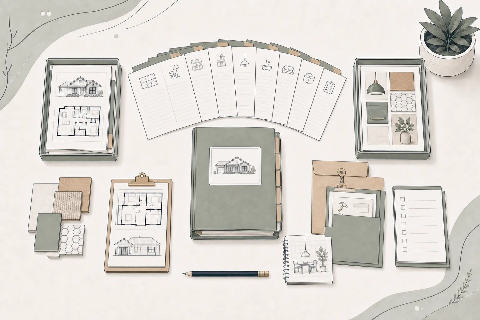 Architectural illustration of renovation budget categories organized around a central project binder