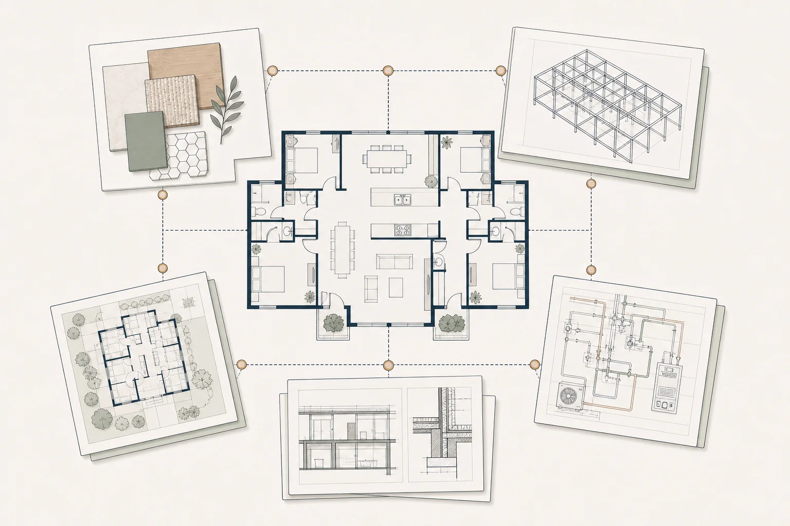 Architectural illustration of renovation disciplines coordinated around a shared home plan