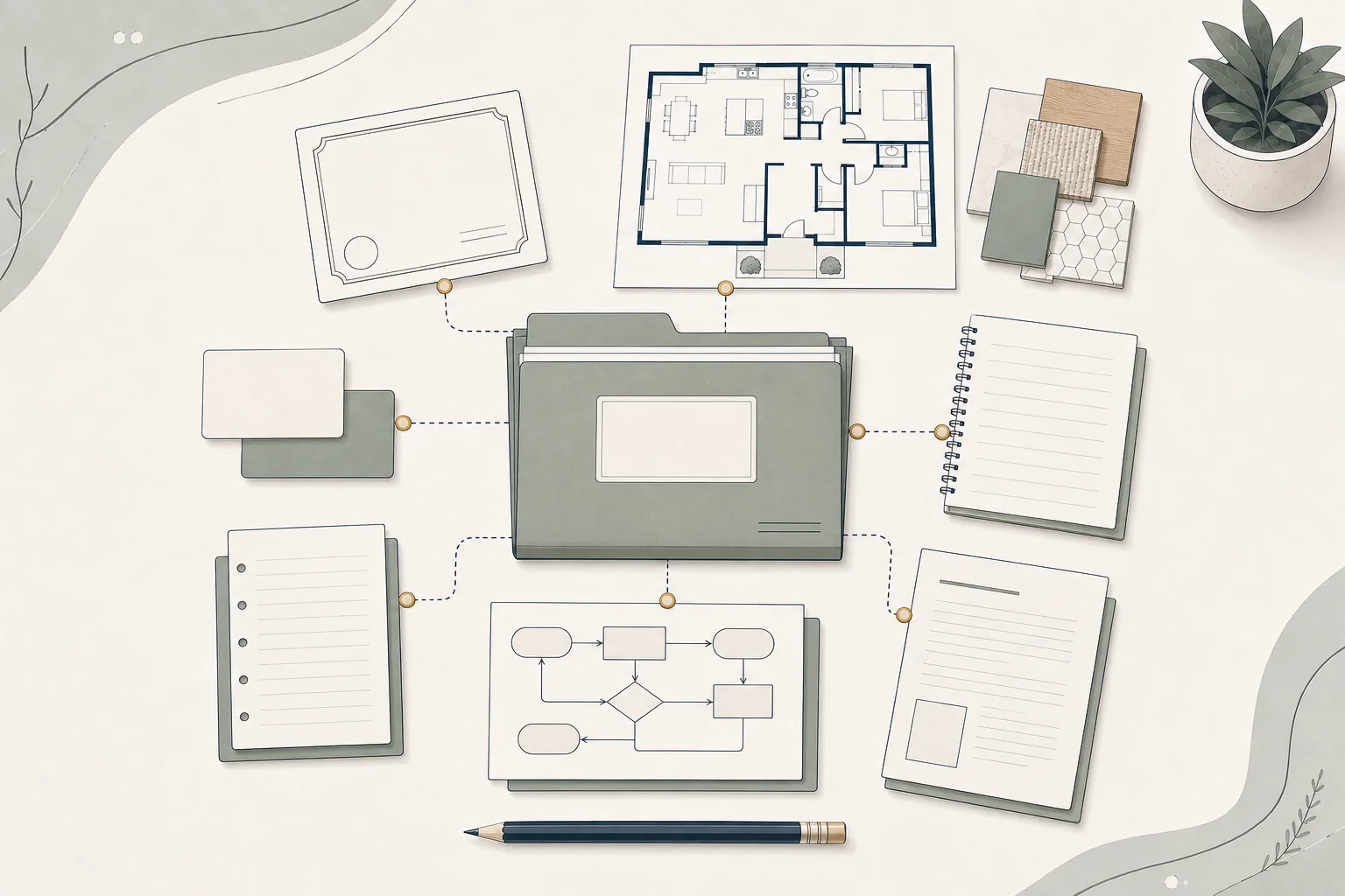 Architectural illustration of contractor qualification records and project information organized around a review folder