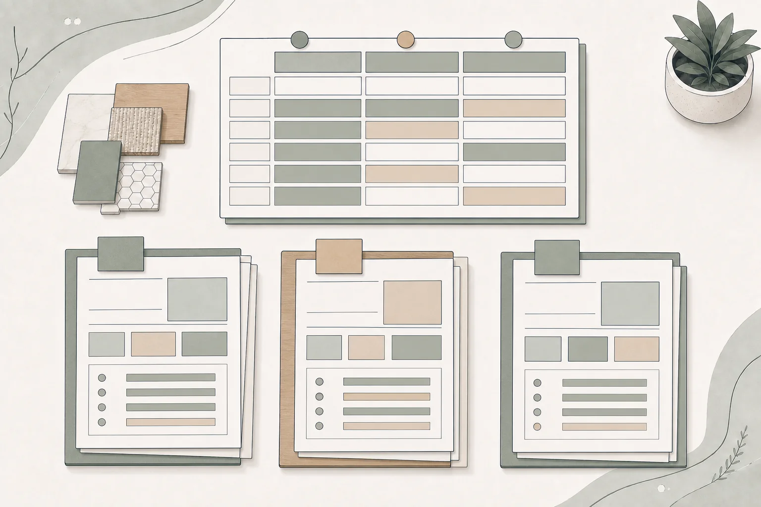 Architectural illustration of three contractor proposals organized beneath a comparison grid