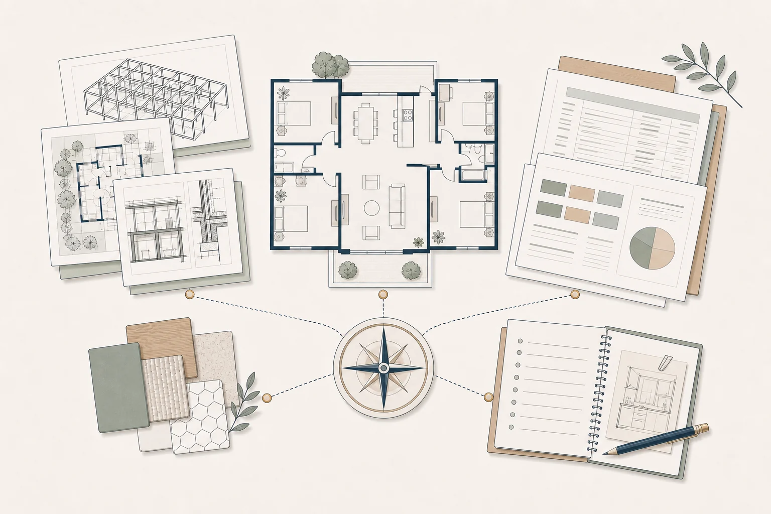 Architectural illustration of a home plan connected to project drawings, budget documents, material samples, and a central compass