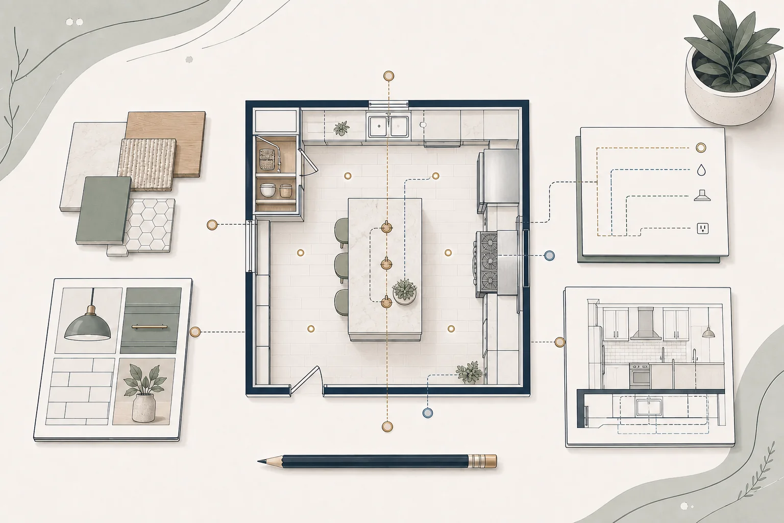 Cutaway architectural illustration of a kitchen coordinating cabinetry, appliances, lighting, ventilation, and utilities