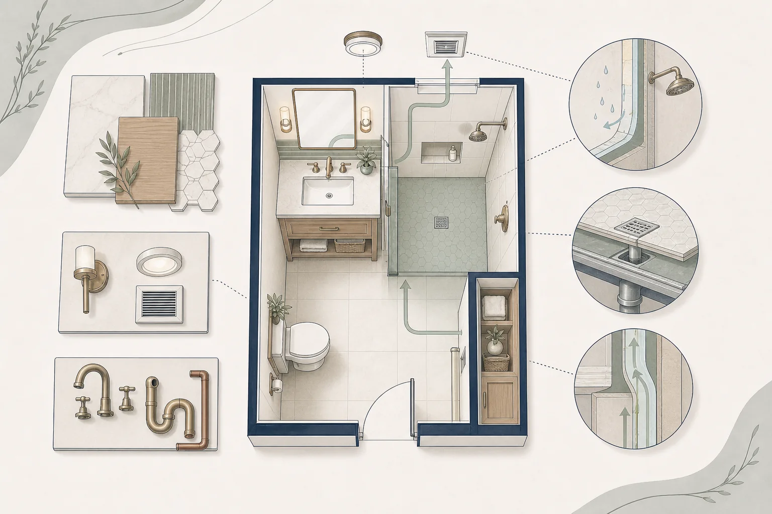 Cutaway architectural illustration of a bathroom coordinating fixtures, ventilation, plumbing, and moisture protection
