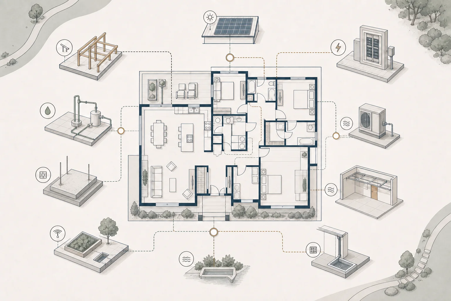 Cutaway architectural illustration of a whole home connected to structural, electrical, plumbing, mechanical, and site systems