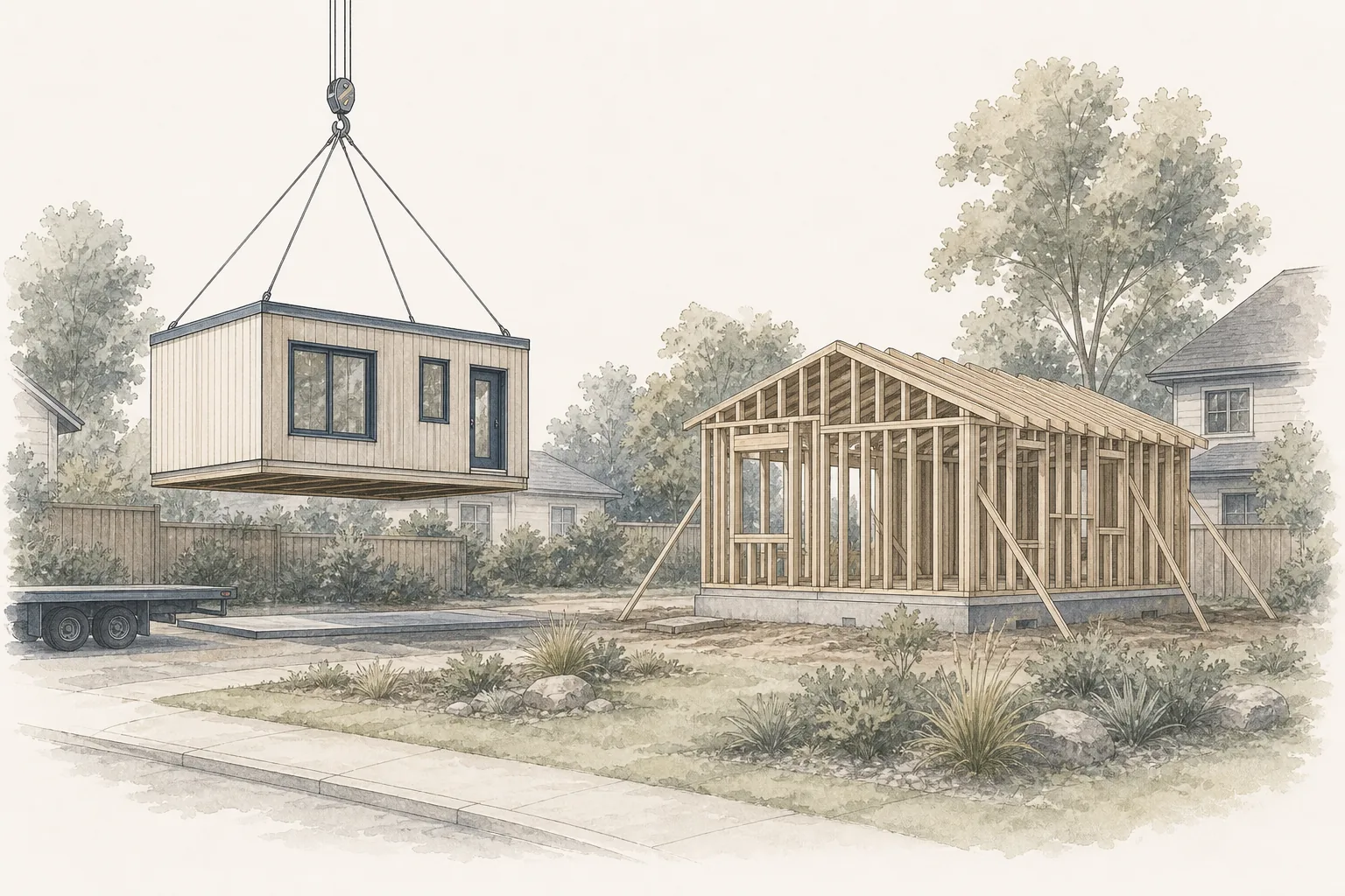 Architectural illustration comparing a prefabricated ADU module placement with site-built wood framing