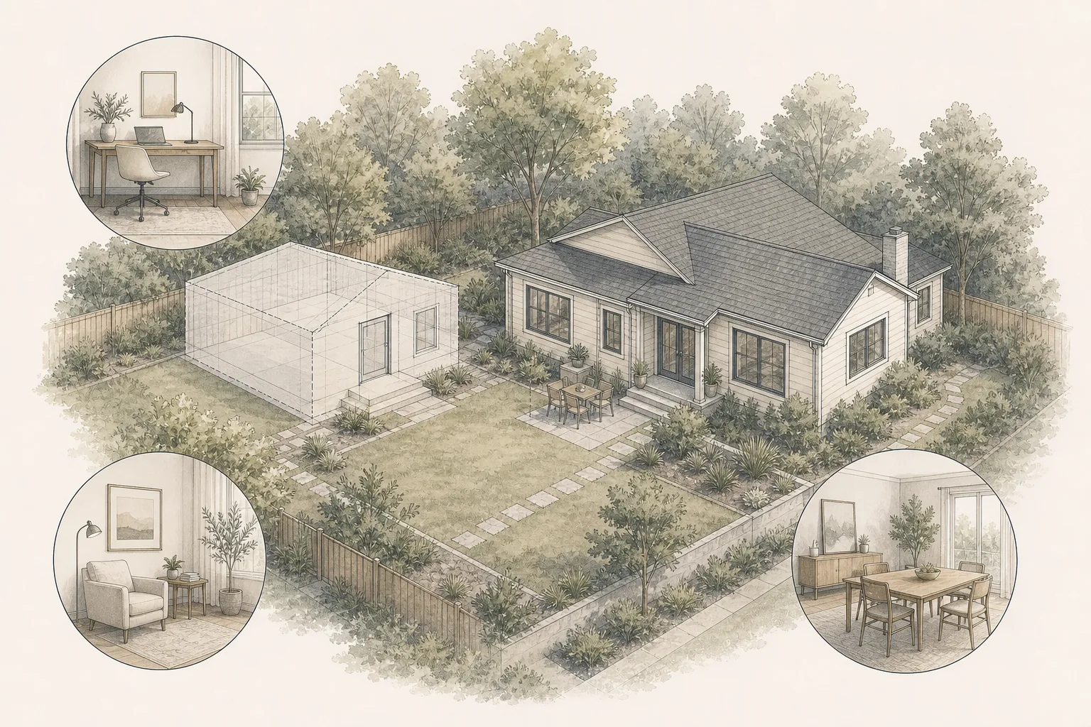 Architectural illustration of a home, a tentative backyard ADU location and unoccupied flexible-use settings