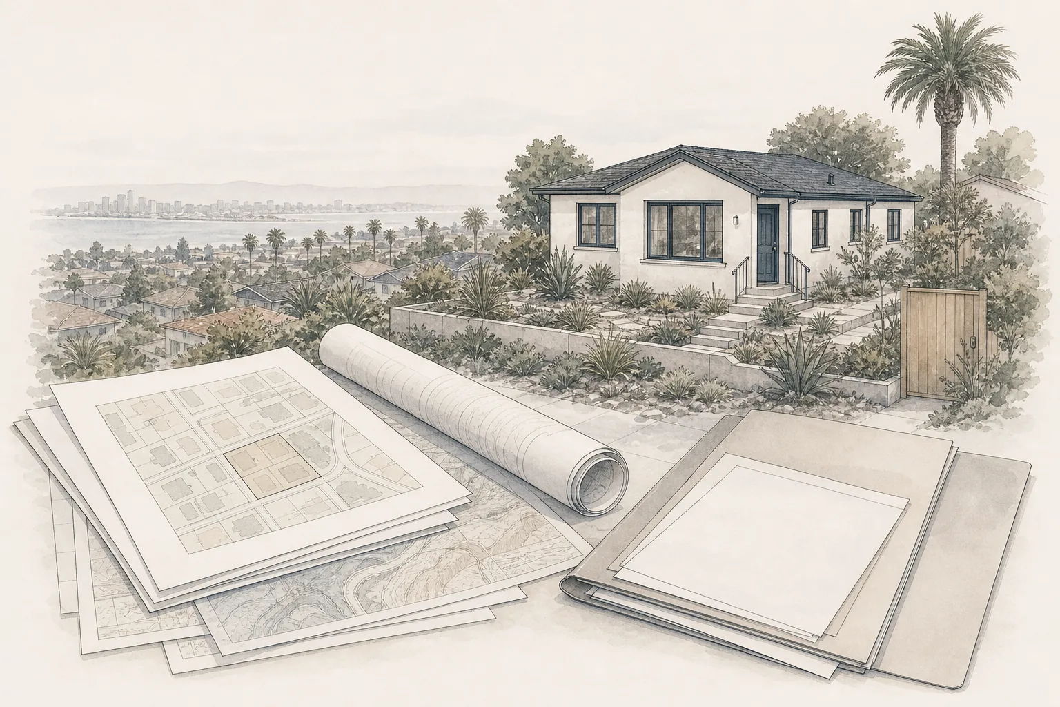 Architectural illustration of San Diego property research with coastal terrain, maps and review materials